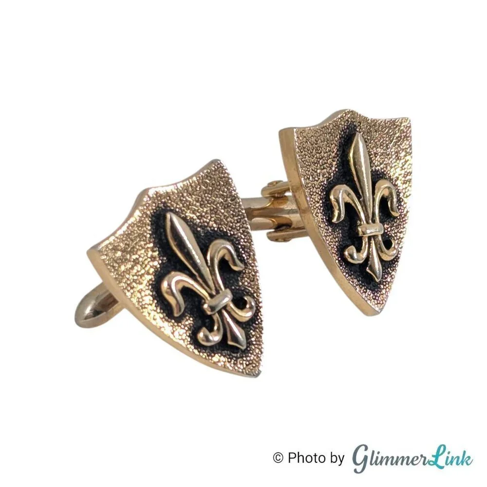 Vintage Heraldic Crest Shape Fleur de Lis Renaissance Themed Gold Tone Cufflinks